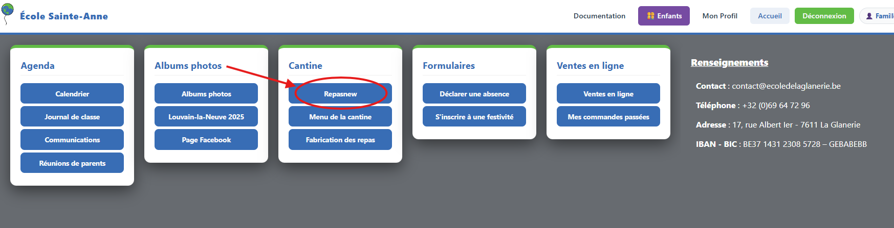 Bouton Repasnew dans la carte Cantine