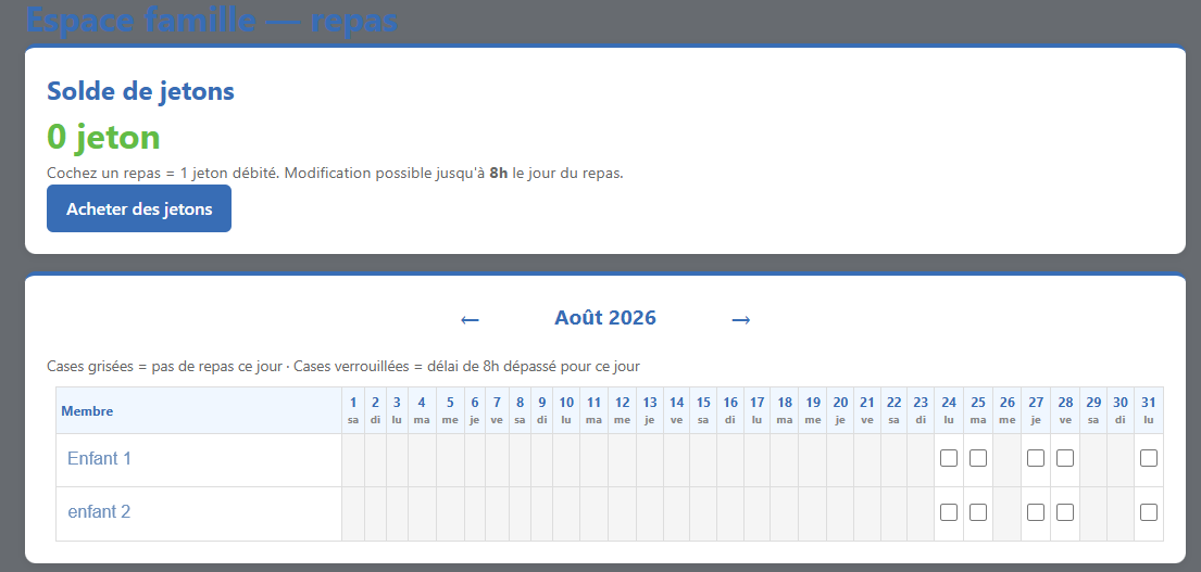 Calendrier des repas avec légende des cases