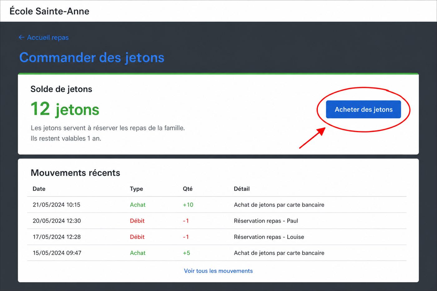 Page Commander des jetons : solde et bouton Acheter des jetons