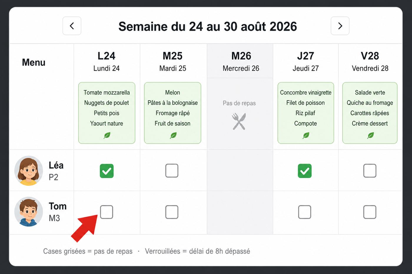 Cocher une case pour inscrire un enfant au repas