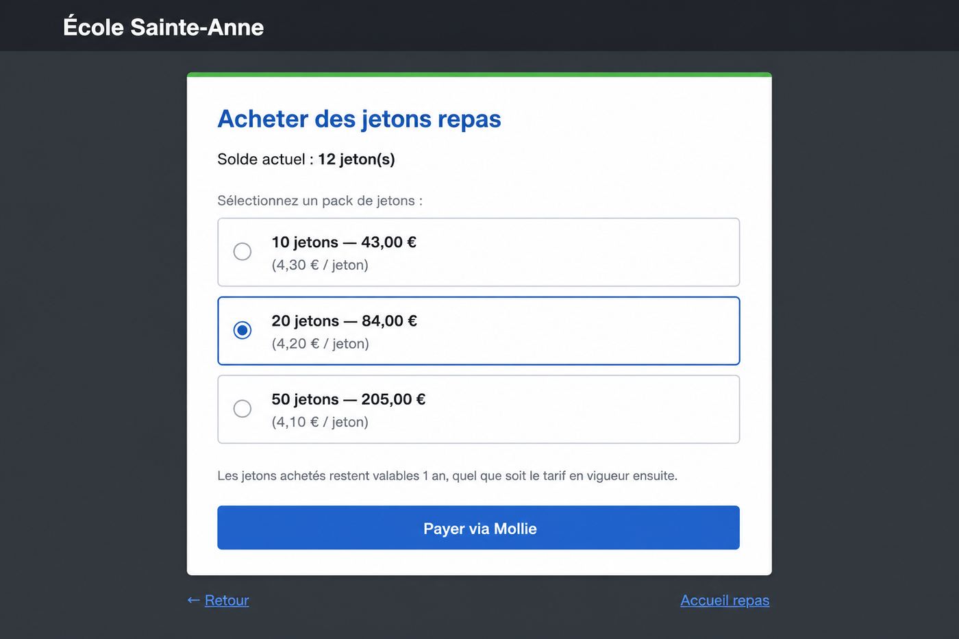 Choix d'un forfait et paiement via Mollie